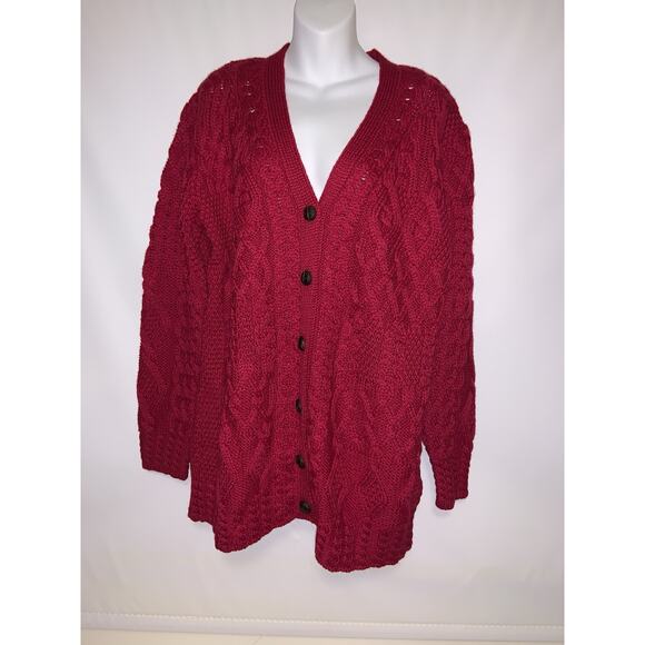 Aran Crafts Women’s cable-knit fuchsia pink cardigan Large W/pockets - Picture 2 of 6